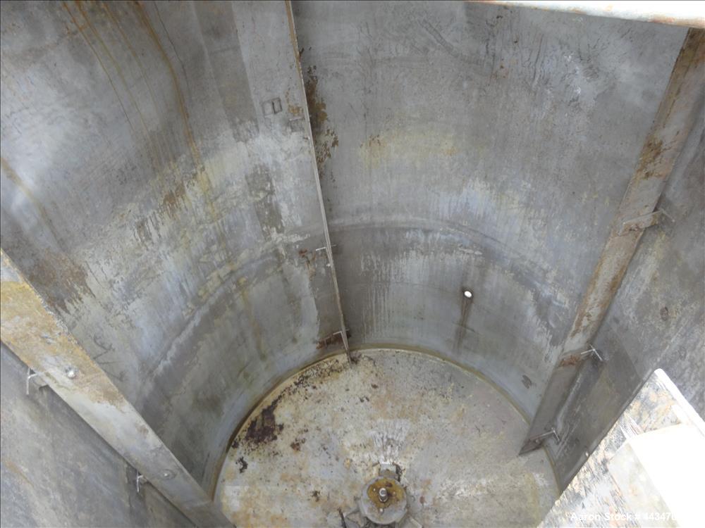 Used United Utensils Tank, 1500 Gallon, 304 Stainless Steel, Vertical. Approximate 67" diameter x 100" straight side. Open top with hinged cover, coned bottom. Approximate 3" center bottom outlet, se...