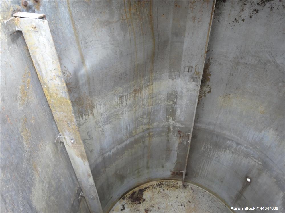 Used United Utensils Tank, 1500 Gallon, 304 Stainless Steel, Vertical. Approximate 67" diameter x 100" straight side. Open top with hinged cover, coned bottom. Approximate 3" center bottom outlet, se...