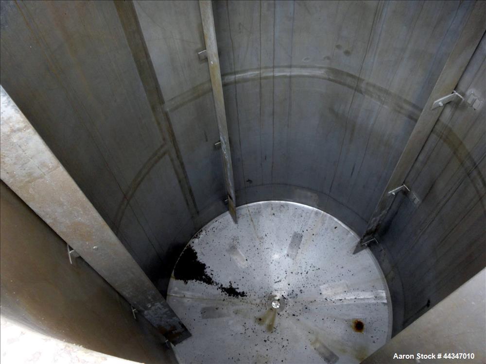 Used United Utensils Tank, 2000 Gallon, 304 Stainless Steel, Vertical. Approximate 72" diameter x 108" straight side. Open top with hinged cover, coned bottom. Approximate 3" center bottom outlet, se...