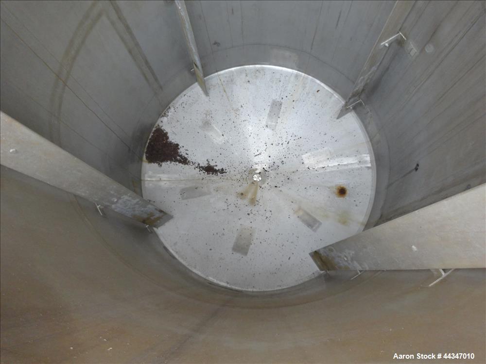 Used United Utensils Tank, 2000 Gallon, 304 Stainless Steel, Vertical. Approximate 72" diameter x 108" straight side. Open top with hinged cover, coned bottom. Approximate 3" center bottom outlet, se...