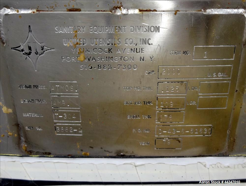 Used United Utensils Tank, 2000 Gallon, 304 Stainless Steel, Vertical. Approximate 72" diameter x 108" straight side. Open top with hinged cover, coned bottom. Approximate 3" center bottom outlet, se...