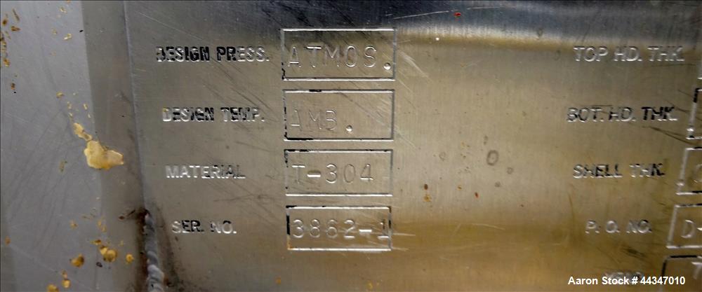 Used United Utensils Tank, 2000 Gallon, 304 Stainless Steel, Vertical. Approximate 72" diameter x 108" straight side. Open top with hinged cover, coned bottom. Approximate 3" center bottom outlet, se...