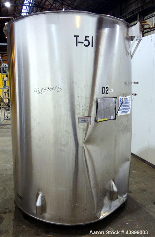 Used Viatec Chem-Tek Tank, 1000 Gallon, 304 Stainless Steel, Vertical. Approximately 62” diameter x 82” straight side. Open top with (2) 1/3 covers and a bolt on middle section, sloped bottom. Clamp-...