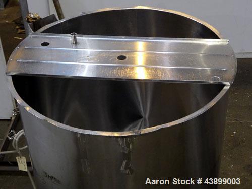 Used Viatec Chem-Tek Tank, 1000 Gallon, 304 Stainless Steel, Vertical. Approximately 62” diameter x 82” straight side. Open top with (2) 1/3 covers and a bolt on middle section, sloped bottom. Clamp-...