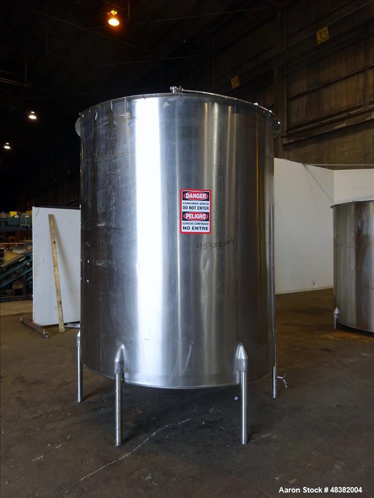 Used Perma-San Tank, 2,000 Gallon, 316 Stainless Steel, Vertical. Approximate 82" diameter x 91" straight side, flat top, slopped bottom. (2) 1/3 Hinged covers. Spray ball. Provision for side enterin...