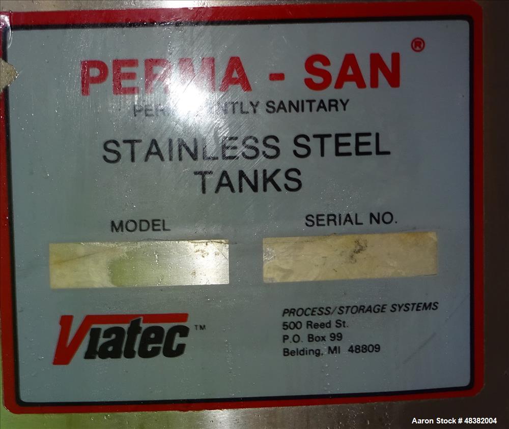 Used Perma-San Tank, 2,000 Gallon, 316 Stainless Steel, Vertical. Approximate 82" diameter x 91" straight side, flat top, slopped bottom. (2) 1/3 Hinged covers. Spray ball. Provision for side enterin...