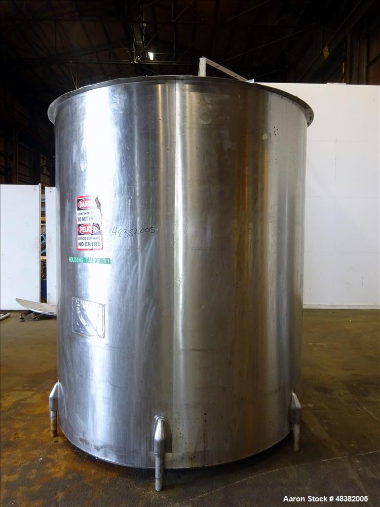 Used Tank, Approximately 2,000 Gallon, 316 Stainless Steel, Vertical. Approximate 80" diameter x 91" straight side, flat top, slopped bottom. (2) 1/3 Hinged covers. 1-1/2" Off center bottom outlet. S...
