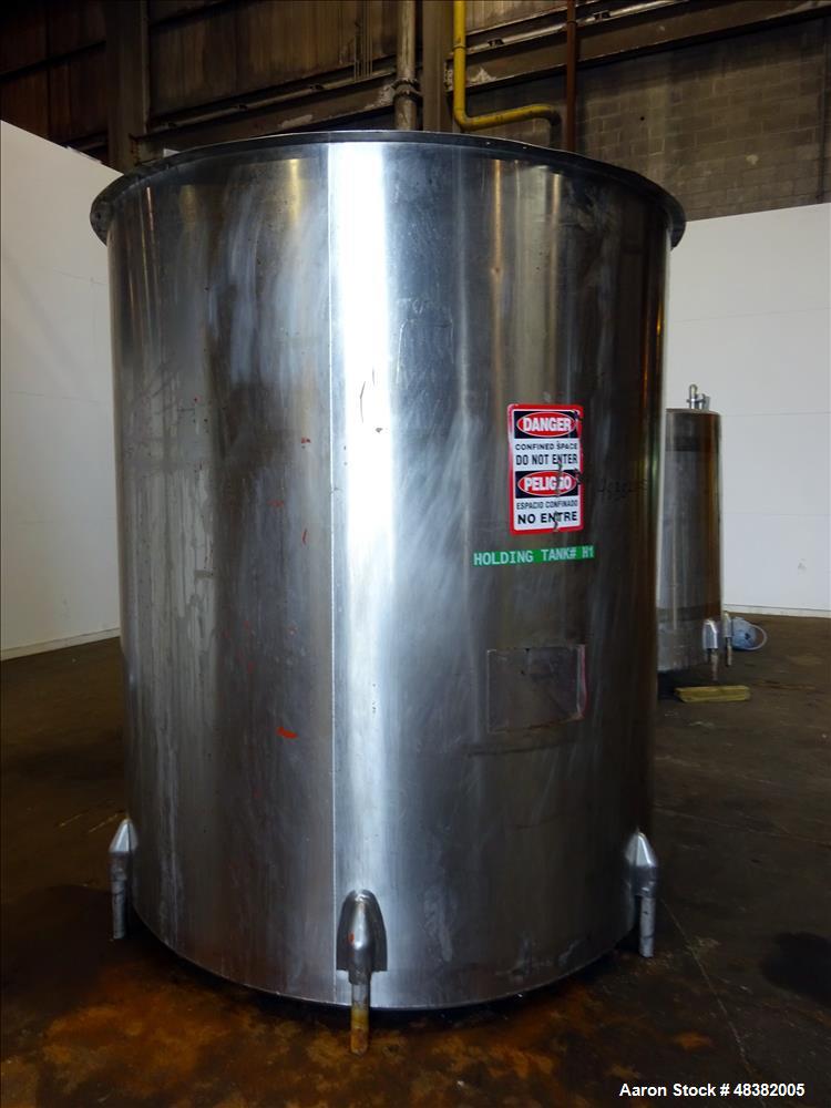 Used Tank, Approximately 2,000 Gallon, 316 Stainless Steel, Vertical. Approximate 80" diameter x 91" straight side, flat top, slopped bottom. (2) 1/3 Hinged covers. 1-1/2" Off center bottom outlet. S...