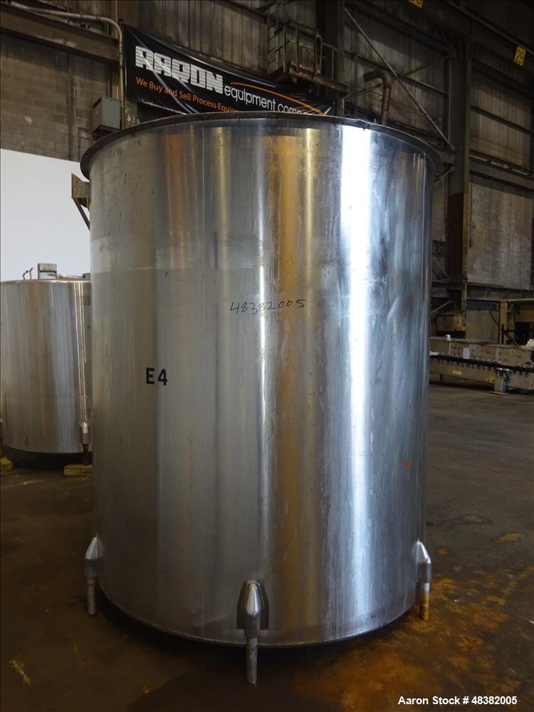 Used Tank, Approximately 2,000 Gallon, 316 Stainless Steel, Vertical. Approximate 80" diameter x 91" straight side, flat top, slopped bottom. (2) 1/3 Hinged covers. 1-1/2" Off center bottom outlet. S...