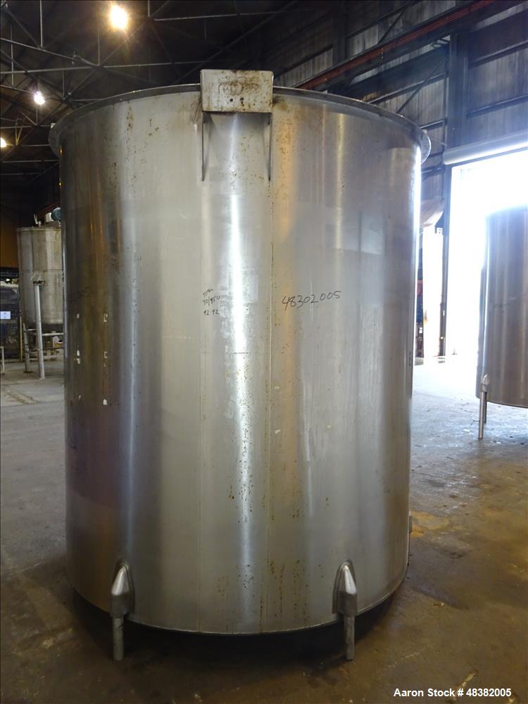 Used Tank, Approximately 2,000 Gallon, 316 Stainless Steel, Vertical. Approximate 80" diameter x 91" straight side, flat top, slopped bottom. (2) 1/3 Hinged covers. 1-1/2" Off center bottom outlet. S...