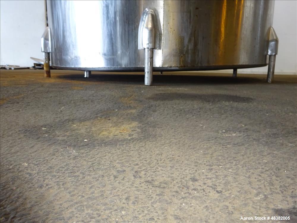 Used Tank, Approximately 2,000 Gallon, 316 Stainless Steel, Vertical. Approximate 80" diameter x 91" straight side, flat top, slopped bottom. (2) 1/3 Hinged covers. 1-1/2" Off center bottom outlet. S...