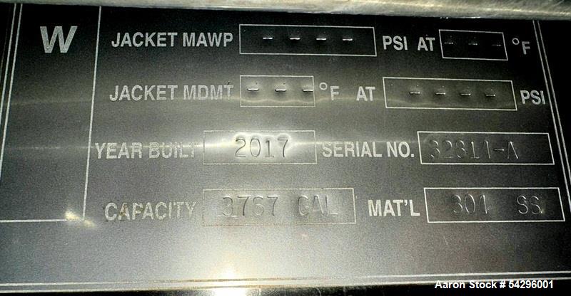 Used Sprinkman Agitated Pressure Tank,  Approximate 3,767 Gallon, Stainless Steel. Internal rated 45/FV psi at -20 to 350 degrees F. 304 stainless steel, vertical, slight dished top and cone bottom. ...
