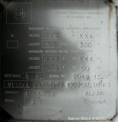 USED: Walker tank, 1000 gallon, 316 stainless steel, vertical. 54" diameter x 99" straight side, dish top and bottom. Openings: top (3) 2-1/2" tri clamp, (2) 2" tri clamp, 3" tri clamp, 19" manway wi...