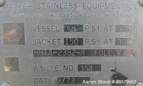 Used Walker Stainless Pressurized Sterilizer Tank, 1000 Gallon, 304 Stainless Steel, Horizontal. Jacketed and insulated. 66" Diameter x 64" straight side, dished heads. 50 Square feet of jacket rated...
