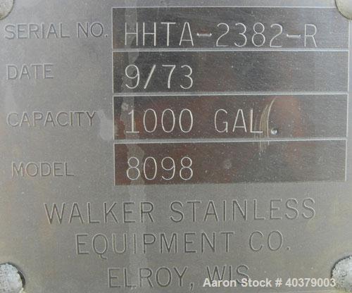 Used Walker Stainless Pressurized Sterilizer Tank, 1000 Gallon, 304 Stainless Steel, Horizontal. Jacketed and insulated. 66" Diameter x 64" straight side, dished heads. 50 Square feet of jacket rated...