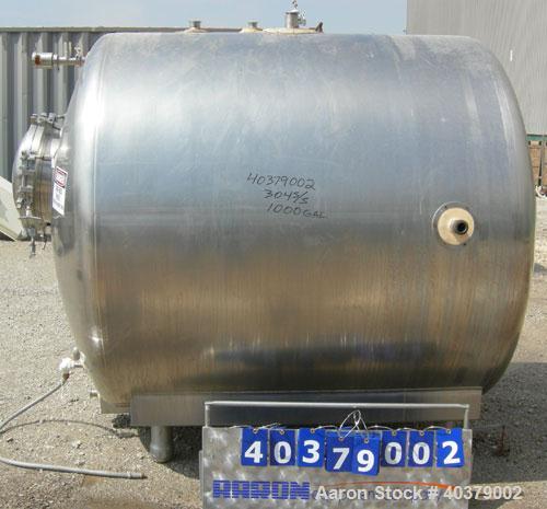 Used Walker Stainless Pressurized Sterilizer Tank, 1000 Gallon, 304 Stainless Steel, Horizontal. Jacketed and insulated. 66" Diameter x 64" straight side, dished heads. 50 Square feet of jacket rated...