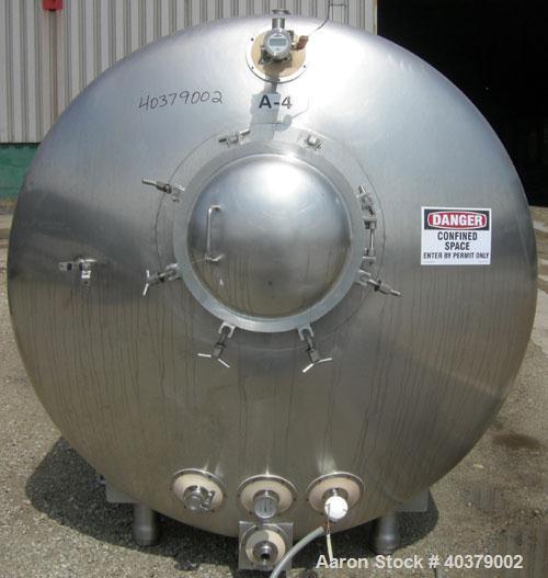 Used Walker Stainless Pressurized Sterilizer Tank, 1000 Gallon, 304 Stainless Steel, Horizontal. Jacketed and insulated. 66" Diameter x 64" straight side, dished heads. 50 Square feet of jacket rated...