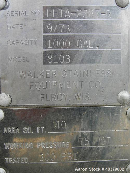 Used Walker Stainless Pressurized Sterilizer Tank, 1000 Gallon, 304 Stainless Steel, Horizontal. Jacketed and insulated. 66" Diameter x 64" straight side, dished heads. 50 Square feet of jacket rated...
