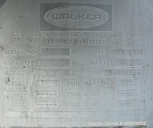 Used Walker Tank, 1000 Gallon, 316 Stainless Steel, Vertical. 66" diameter x 72" straight side, dished top and bottom. Internal rated to 250 deg F. (2) spray balls. Fixed stainless steel agitator bri...