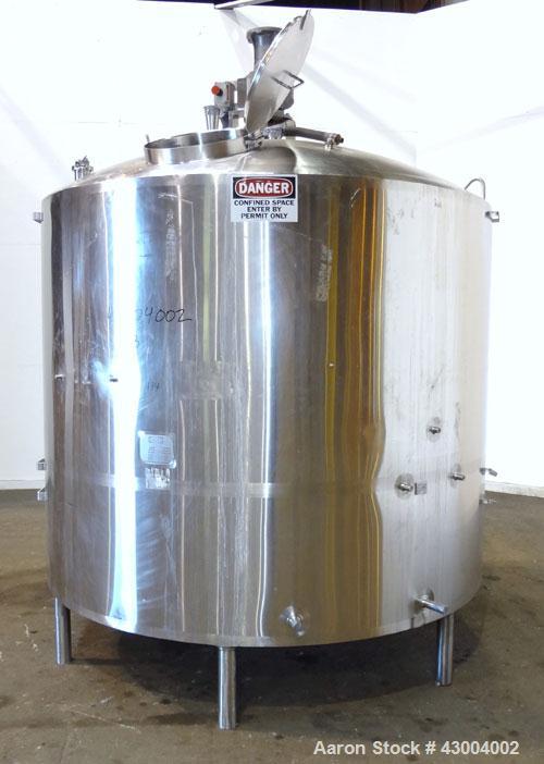 Used Walker Stainless Mix Tank, 1500 Gallon, 304 Stainless Steel, Vertical. Approximate 84" diameter x 64" straight side. Dished top, coned bottom. Internal rated atmospheric at 100 degrees F. Top mo...