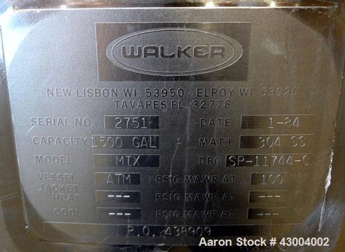 Used Walker Stainless Mix Tank, 1500 Gallon, 304 Stainless Steel, Vertical. Approximate 84" diameter x 64" straight side. Dished top, coned bottom. Internal rated atmospheric at 100 degrees F. Top mo...
