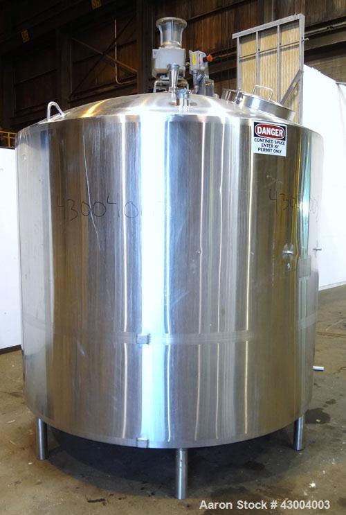Used Walker Stainless Mix Tank, 1500 Gallon, 304 Stainless Steel, Vertical. Approximate 84” diameter x 64” straight side. Dished top, coned bottom. Internal rated atmospheric at 250 degrees F. Top mo...