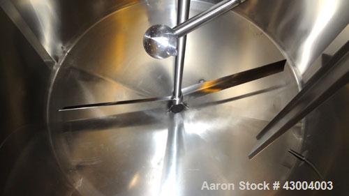 Used Walker Stainless Mix Tank, 1500 Gallon, 304 Stainless Steel, Vertical. Approximate 84” diameter x 64” straight side. Dished top, coned bottom. Internal rated atmospheric at 250 degrees F. Top mo...