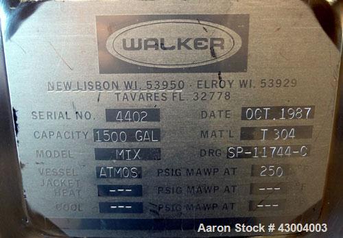 Used Walker Stainless Mix Tank, 1500 Gallon, 304 Stainless Steel, Vertical. Approximate 84” diameter x 64” straight side. Dished top, coned bottom. Internal rated atmospheric at 250 degrees F. Top mo...