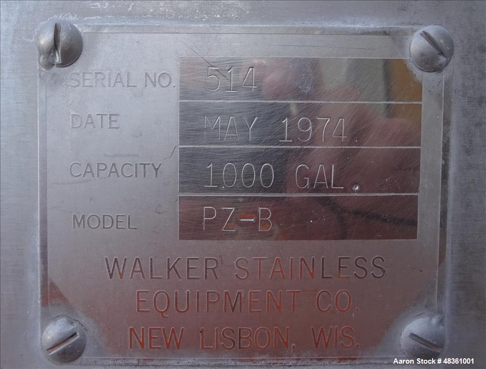 Used Walker Stainless Equipment Co. Mix Tank, Model PZ-B, 1,000 Gallon, 304 Sta