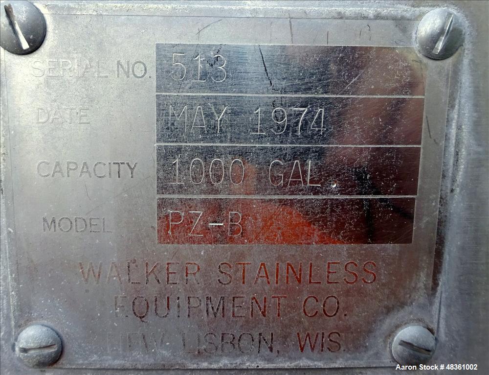 Used Walker Stainless Mix Tank, Model PZ-B, 1,000 Gallon, 304 Stainless Steel,