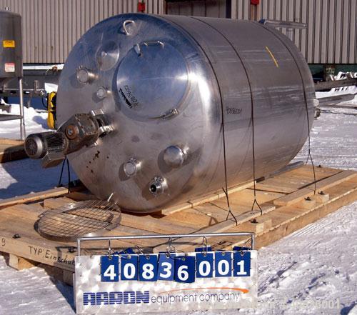 Used Walker Stainless Tank, 1000 Gallon, 316 Stainless Steel, Vertical.  66" diameter x 72" straight side, dished top, coned bottom.  Internal rated atmospheric at 250 deg F.  Off center top entering...