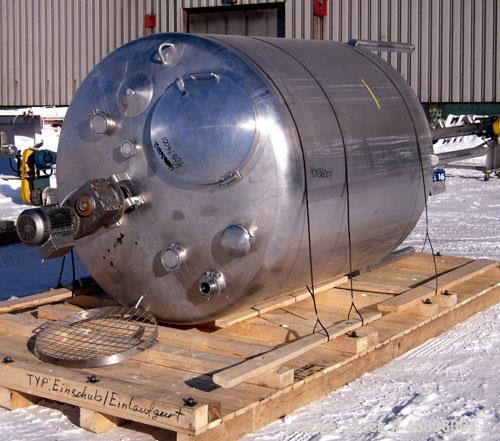 Used Walker Stainless Tank, 1000 Gallon, 316 Stainless Steel, Vertical.  66" diameter x 72" straight side, dished top, coned bottom.  Internal rated atmospheric at 250 deg F.  Off center top entering...