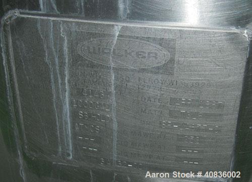 Used Walker Stainless Tank, 1000 gallon, 316 stainless steel, vertical. 66" diameter x 72" straight side, dished top, coned bottom.  Off center top entering agitator, 2" diameter bottom supported sha...