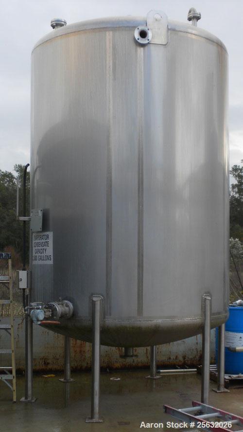 Used Walker Tank, 3,500 Gallon, 304L stainless steel, vertical. Approximate 96" diameter x 120" straight side, dish top and bottom. Misc top and side flanged openings. Side openings include an 18" ma...