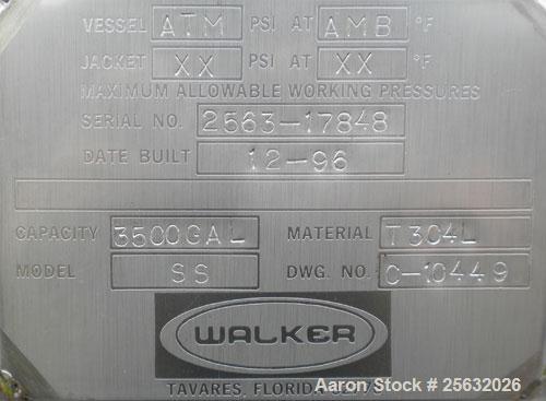 Used Walker Tank, 3,500 Gallon, 304L stainless steel, vertical. Approximate 96" diameter x 120" straight side, dish top and bottom. Misc top and side flanged openings. Side openings include an 18" ma...