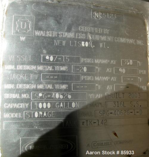 Unused-UNUSED: Walker 1000 gallon, 316L stainless steel, vertical pressure tank. 60" diameter x 87" straight side. Dish top and bottom. Internal rated 90 psi at 350 deg F. Top openings: 18" manway wi...