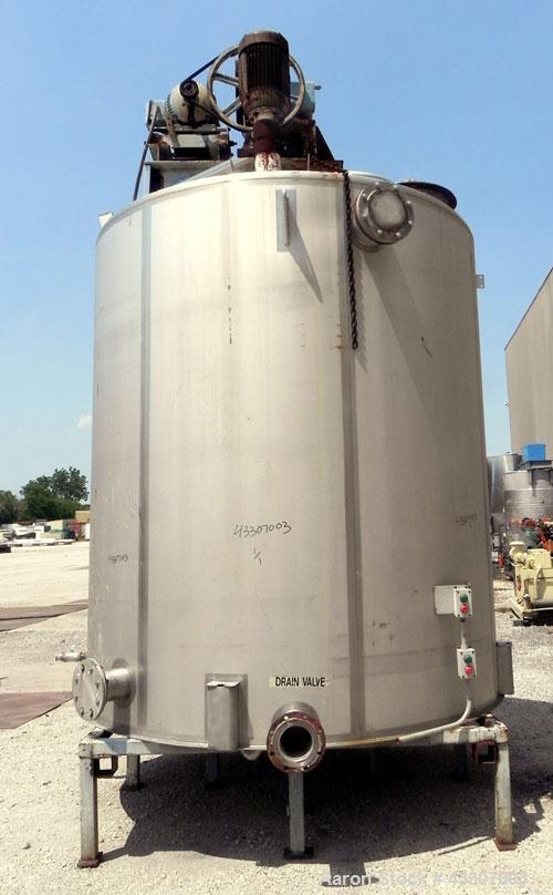 Used Walker Stainless Tank, 4700 Gallon, 304 Stainless Steel, Vertical. Approximate 108” diameter x 120” straight side, coned top, flat bottom. Top entering agitator, with an anchor style blade with ...