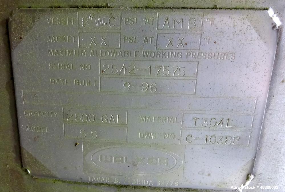 Used Walker 2500 Gallon Tank, 304L Stainless Steel, Vertical.