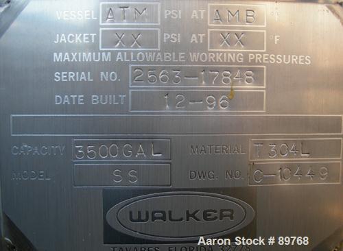 USED: Walker 3,500 gallon, type 304L stainless steel, storage tank. Vertical, dished heads. Approximate 8' diameter x 10' straight side. Misc top and side flanged openings. Side openings include an 1...