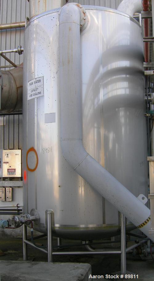 USED: Walker 4,800 gallon, type 304L stainless steel, storage tank. Vertical, dished heads. Approximate 8' diameter x 12' straight side. Misc top and side flanged openings. Side openings include a 16...