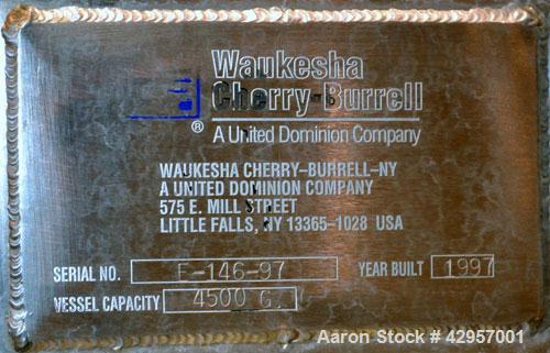 Used Cherry-Burrell Storage Tank, 4500 Gallon, Model CVD, 316L Stainless Steel, Vertical. 96" Diameter x 135" straight side, dished top and bottom. Bottom head is dimpled jacketed for water circulati...