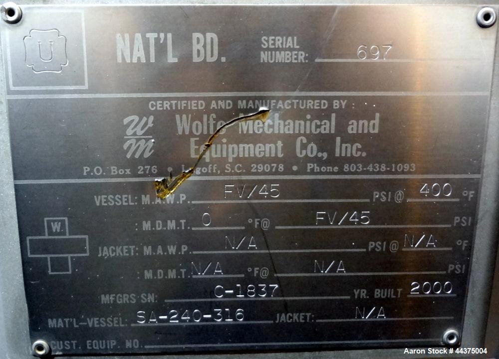 Used Wolfe Mechanical And Equipment Pressure Tank, 3093 Gallon, 316 Stainless Steel, Vertical. 84" diameter x 120" straight side, dished top and bottom. Internal rated FV/45 psi at 400 degrees F. Ope...