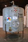 Used Tank, 1800 Gallon, 304 Stainless Steel, Vertical. Approximate 84” diameter x 72” straight side, coned top and bottom. (3) Turns of approximate 2” internal  pipe coil, no rating. (4) Sidewall baf...