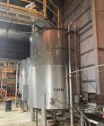 Used Approximate 4750 gallon Stainless Steel Agitated Tank With 5 HP Centrifugal Pump, V-4781. Top entering agitator (HP unknown). Cone bottom with center bottom outlet. Side bottom manway.