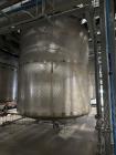 Used ICCNW Single wall stainless steel mixing tank, 90IN diameter x 12FT high, 4,224 Gallon capacity, (TK 334), 4 blade agitator with 3HP drive, mounted on load cells (West 1)