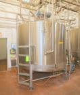 Used DCI 2,000 Gallon Stainless Steel Single Wall Mix Tank, Vertical. Dome Top/Cone Bottom. Top mounted agitation with bottom sweep blade and motor. Top entering baffle. Dual CIP Spray Ball. Mounted ...