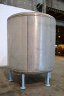 Used Groen Tank, 2500 Gallons, 304 Stainless Steel, Vertical. 90” Diameter x 78” straight side, dished top and bottom. Openings top (2) 1-5/8” threaded, 2-1/2” threaded, 15-3/4” man way with cover. 2...