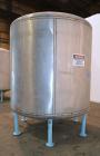 Used Groen Tank, 2500 Gallons, 304 Stainless Steel, Vertical. 90” Diameter x 78” straight side, dished top and bottom. Openings top (2) 1-5/8” threaded, 2-1/2” threaded, 15-3/4” man way with cover. 2...