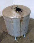 Used Groen Tank, 2500 Gallons, 304 Stainless Steel, Vertical. 90” Diameter x 78” straight side, dished top and bottom. Openings top (2) 1-5/8” threaded, 2-1/2” threaded, 15-3/4” man way with cover. 2...
