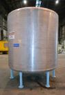 Used Groen Tank, 2500 Gallons, 304 Stainless Steel, Vertical. 90” Diameter x 78” straight side, dished top and bottom. Openings: top (2) 1-5/8” threaded, 2-1/2” threaded, 15-3/4” manway with cover; 2...